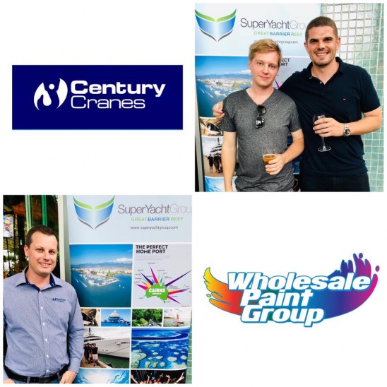 A collage showing two smiling men with drinks, a man in a blue shirt, and logos for Century Cranes, SuperYacht Group, and Wholesale Paint Group on a white background.