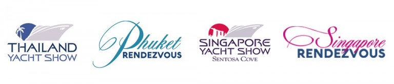Four yacht show logos: Thailand Yacht Show, Phuket Rendezvous, Singapore Yacht Show Sentosa Cove, and Singapore Rendezvous, each with nautical-themed graphics and distinct fonts and colours.