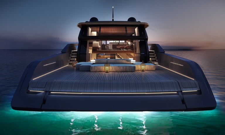 A modern luxury yacht at sunset, viewed from the stern, featuring illuminated decks, stylish lounge seating, decorative lanterns, and glowing underwater lights in calm ocean waters.