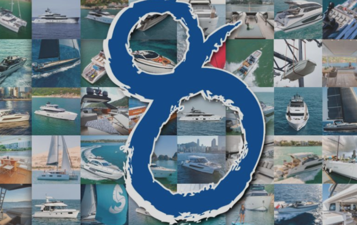 A collage of various yachts on the water and at docks, overlaid with a large, stylised blue ampersand symbol in the centre.