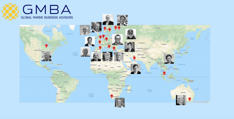 A world map showing the locations of Global Marine Business Advisors with headshots and red location pins across North America, Europe, Africa, Asia, and Australia. GMBA logo is at the top left.