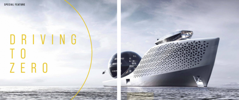 A futuristic white ship with geometric patterns sails on calm water under a cloudy sky. Yellow text on the left reads DRIVING TO ZERO. A helicopter hovers near the ship.