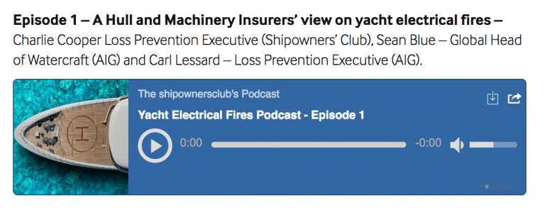 A podcast episode titled Yacht Electrical Fires Podcast - Episode 1 with an audio player. Above, text introduces the episode about yacht electrical fires. On the left is a top-down image of a yacht in turquoise water.