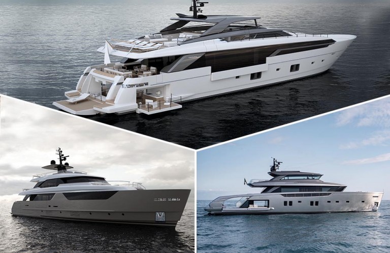 A collage of three luxury yachts on the water, each with sleek, modern designs and spacious decks. The main image shows a white yacht from the stern, while the two smaller images show side views of different yachts.
