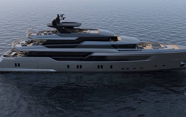 A modern, sleek luxury yacht with multiple decks sails on calm, blue water under a clear sky. The yacht features large windows and a streamlined design, emphasising its elegance and sophistication.