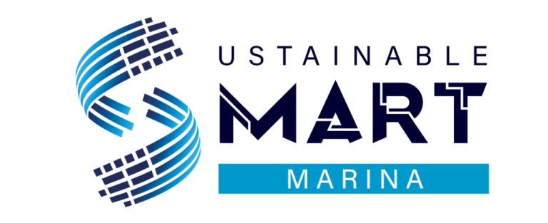 Logo for Sustainable Smart Marina with a large stylised blue S on the left, and the words SUSTAINABLE SMART MARINA in dark blue and light blue text to the right.