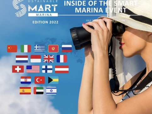 A woman in a sunhat uses binoculars against a blue sky. Text reads “Inside the Smart Marina Event, Edition 2022.” Flags of various countries are displayed below the text.