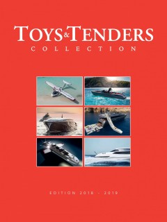 Red cover of the Toys & Tenders Collection magazine featuring six images of luxury boats and yachts arranged in a grid, with white text above and below the images.