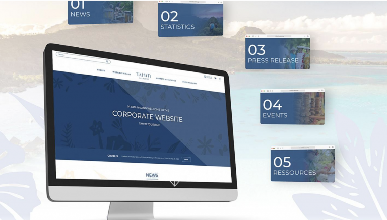 A computer monitor displays a corporate website. Around it, five website sections hover, labelled: 01 News, 02 Statistics, 03 Press Release, 04 Events, and 05 Resources, against a light, tropical background.
