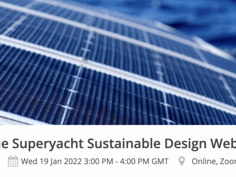 Close-up of solar panels with event text below: The Superyacht Sustainable Design Webinar, Wed 19 Jan 2022, 15:00 - 16:00 GMT, Online, Zoom.