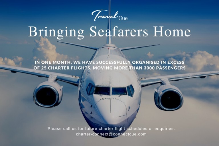 Front view of an aeroplane in flight against a cloudy sky, with text overlay: Bringing Seafarers Home detailing successful charter flights for over 3,000 passengers, and contact information at the bottom.