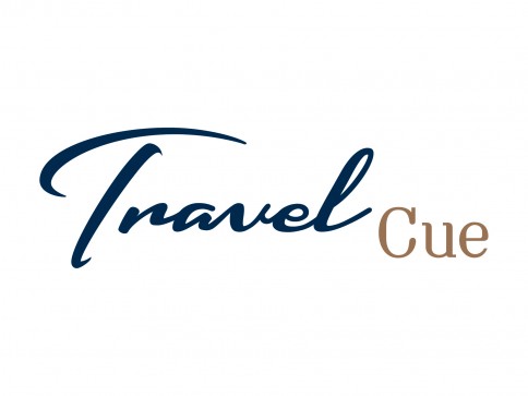 Logo with the words Travel Cue; Travel is written in a blue, elegant script font, and Cue is in a brown, simple sans-serif font, on a white background.