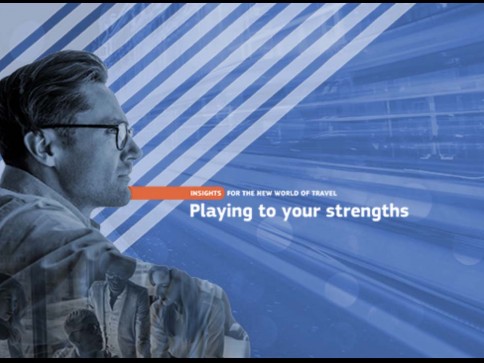 A man in glasses looks thoughtful against a blue, abstract background with diagonal lines. Text reads: INSIGHTS FOR THE NEW WORLD OF TRAVEL. Playing to your strengths.