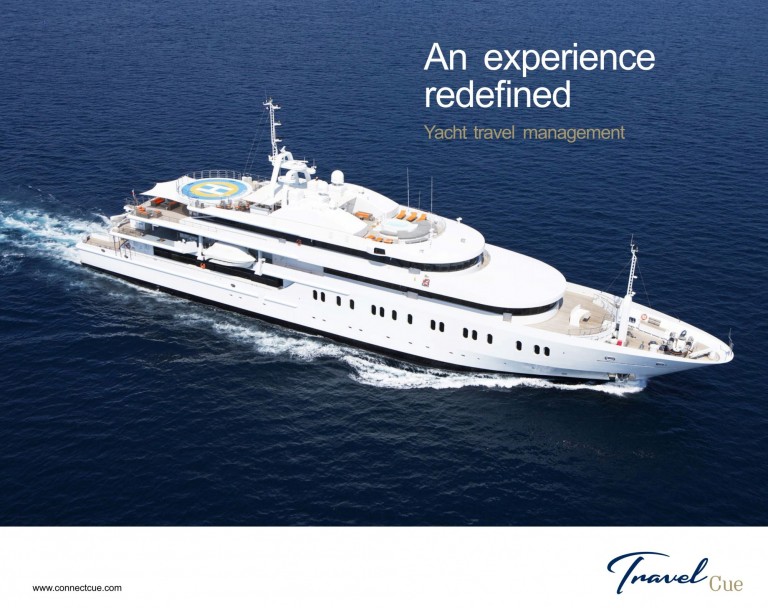 A large white luxury yacht sails on deep blue water, with a helipad on its deck. Text reads An experience redefined, Yacht travel management and Travel Cue logo appears at the bottom.