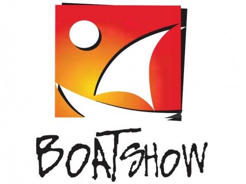 Logo with an abstract sailboat and sun on a red and orange gradient background. The word BOATSHOW is written in bold, stylised black letters below the image.