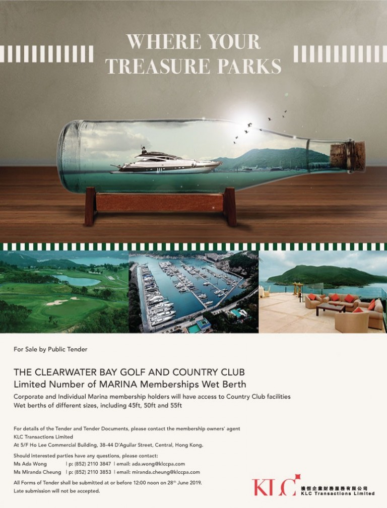A glass bottle with a model marina and boats inside sits on a wooden surface. Above, text reads WHERE YOUR TREASURE PARKS. Below is an advertisement for The Clearwater Bay Golf and Country Club’s marina memberships.