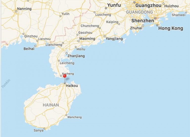 Map showing south-eastern China, including the cities of Guangzhou, Shenzhen, Hong Kong, and the island of Hainan with cities Haikou and Xucheng marked. Surrounding regions and smaller cities are also labelled.