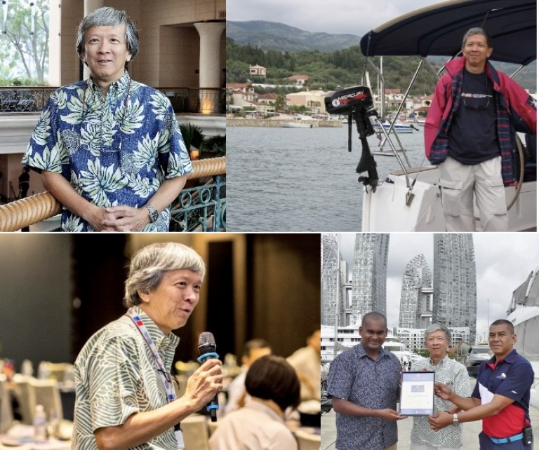 A man with grey hair appears in four photos: posing indoors by a railing, standing on a boat, speaking into a microphone at an event, and holding a certificate with two others outdoors.