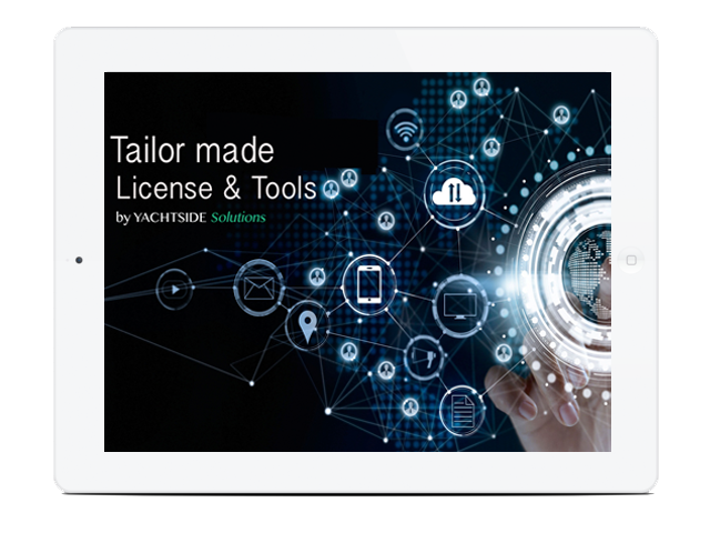 A tablet displaying a digital interface with the text Tailor made Licence & Tools by YACHTSIDE Solutions and icons representing technology and connectivity, with a hand touching a virtual screen.