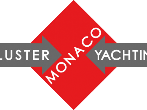 Logo with a red diamond shape in the centre. Two grey arrows point towards the diamond from opposite sides. The words CLUSTER MONACO YACHTING are displayed across the arrows and diamond.