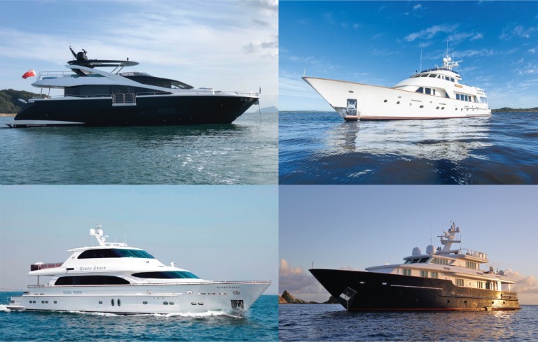 Four luxury yachts on calm water, each in a separate quadrant. The yachts vary in colour and design, with two dark-coloured and two white yachts, all under clear or partly cloudy skies.