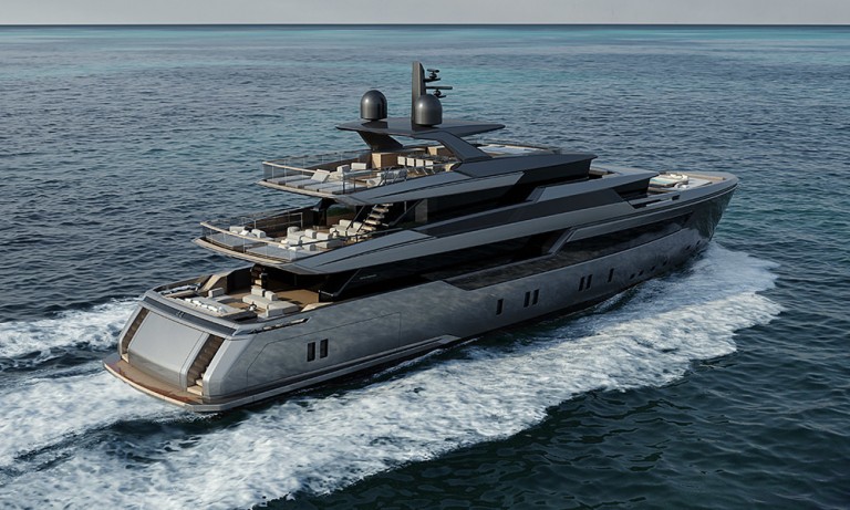 A modern luxury yacht cruises through blue ocean waters, leaving a white wake behind. The sleek vessel has multiple decks with seating areas and sun loungers. The sky is clear and the sea is calm.