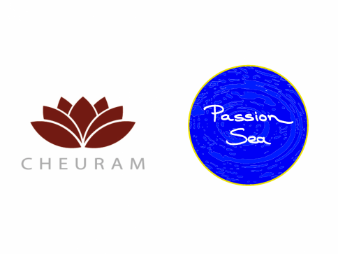 Two logos on a white background: on the left, a maroon lotus flower above the word CHEURAM; on the right, a round blue logo with the handwritten text Passion Sea in white.