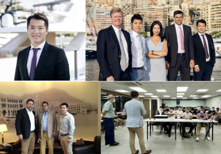 A collage of four images showing business professionals: one man posing alone, a group of five people smiling outdoors, a trio standing indoors, and a man presenting to a classroom of seated attendees.