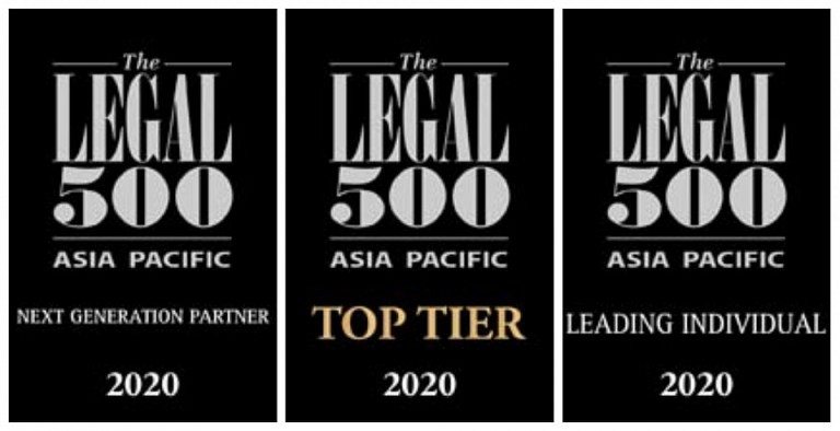 Three black and gold plaques read: The Legal 500 Asia Pacific 2020 Next Generation Partner, Top Tier, and Leading Individual, recognising legal achievements.