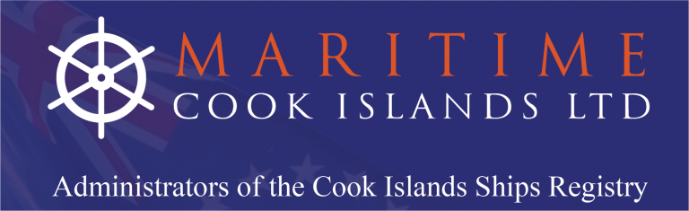 A logo for Maritime Cook Islands Ltd featuring a white ship’s wheel and text reading Administrators of the Cook Islands Ships’ Registry on a blue background with part of a flag visible.
