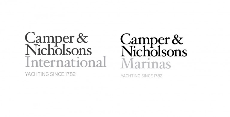 Two logos side by side: left reads Camper & Nicholsons International Yachting Since 1782, right reads Camper & Nicholsons Marinas Yachting Since 1782. International and Marinas appear in a lighter grey font.