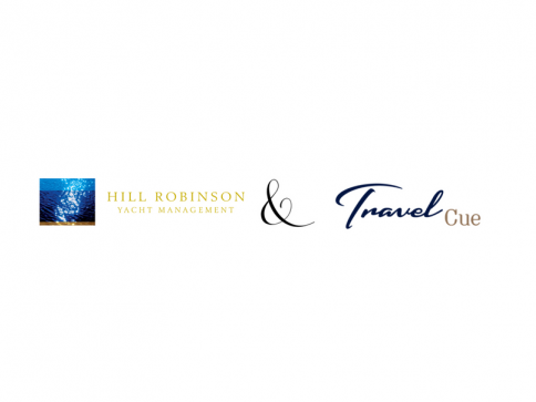 Logos for Hill Robinson Yacht Management and Travel Cue. Hill Robinson’s logo has a small image of water and gold text; Travel Cue’s logo features elegant cursive blue and brown text.