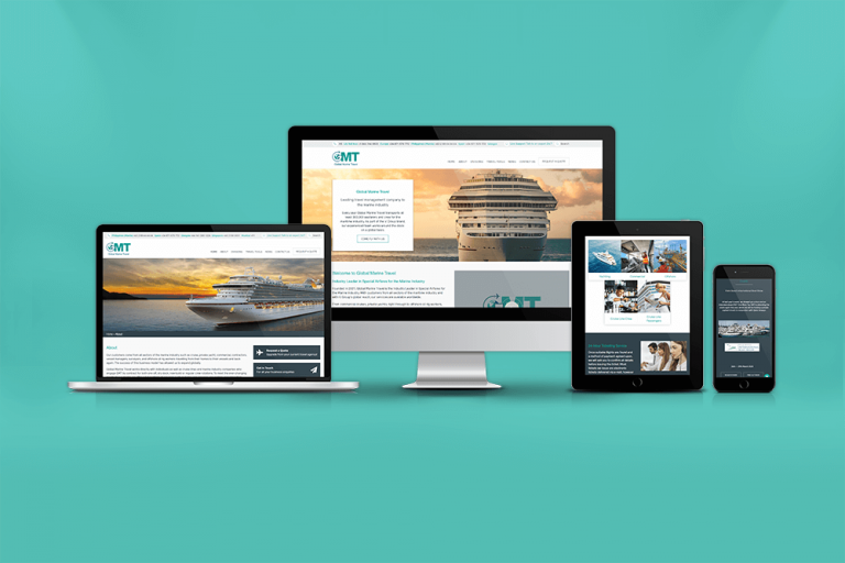 A laptop, desktop monitor, tablet, and smartphone display a cruise travel website with a ship image on turquoise background, illustrating responsive web design across multiple devices.