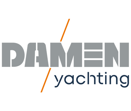 Damen Yachting logo with DAMEN in bold grey geometric letters and an orange diagonal line dividing it from the word yachting in lowercase navy blue text below.