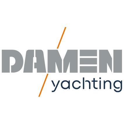 Damen Yachting logo with DAMEN in bold grey geometric letters and an orange diagonal line dividing it from the word yachting in lowercase navy blue text below.