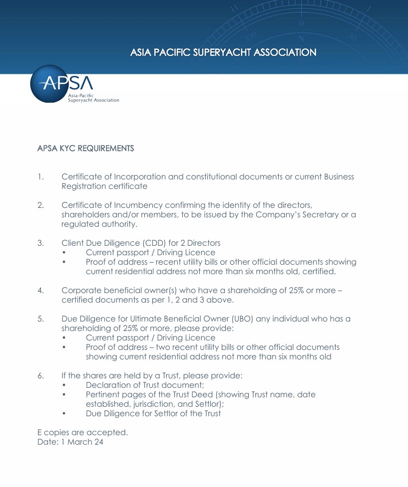 A document from the Asia Pacific Superyacht Association outlining APSA KYC requirements, including certificates, due diligence, address proof, and documentation for beneficial owners, trusts, and Ultimate Beneficial Owners (UBOs).