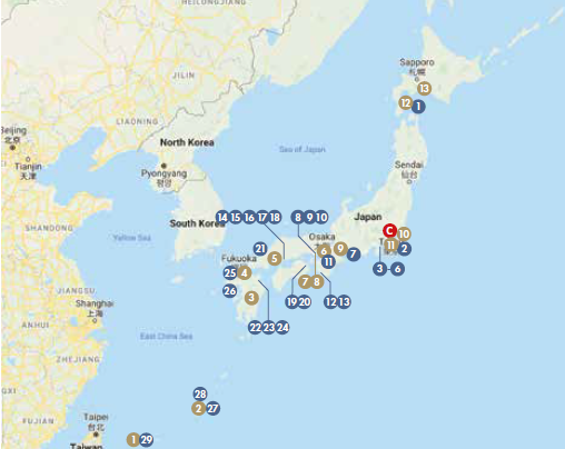 Map of Japan showing numbered marinas and ports of entry