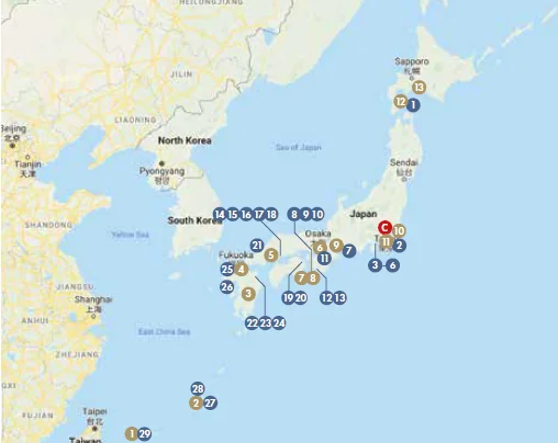 Map of Japan showing numbered marinas and ports of entry