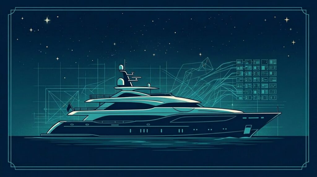 Illustration of a superyacht at night beneath a starry sky with AI data panels and network lines