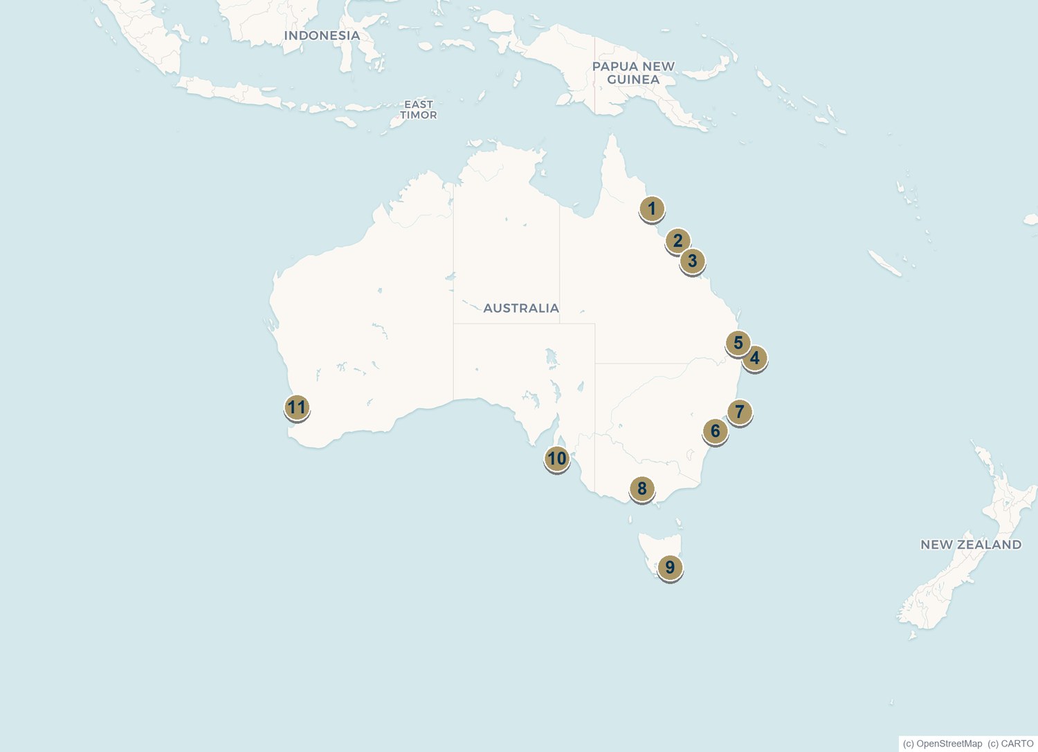 Map of Australia showing eleven major superyacht marina hubs from Cairns to Hobart and Fremantle