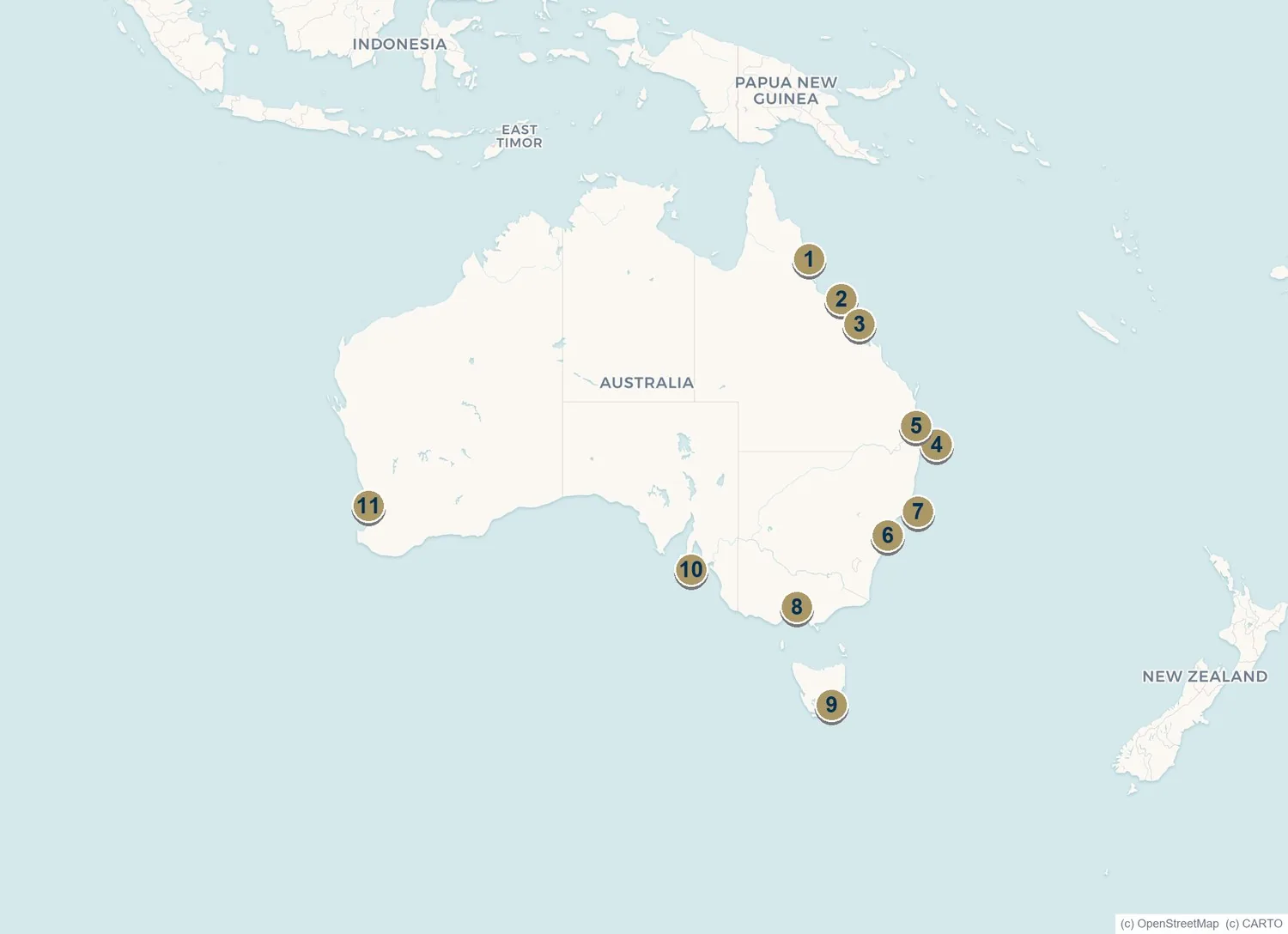 Map of Australia showing eleven major superyacht marina hubs from Cairns to Hobart and Fremantle