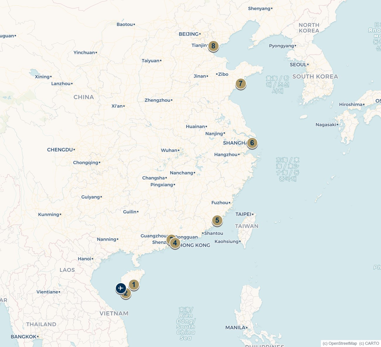 Map of China's coastal superyacht marinas from Tianjin and Qingdao to the Greater Bay Area and Hainan