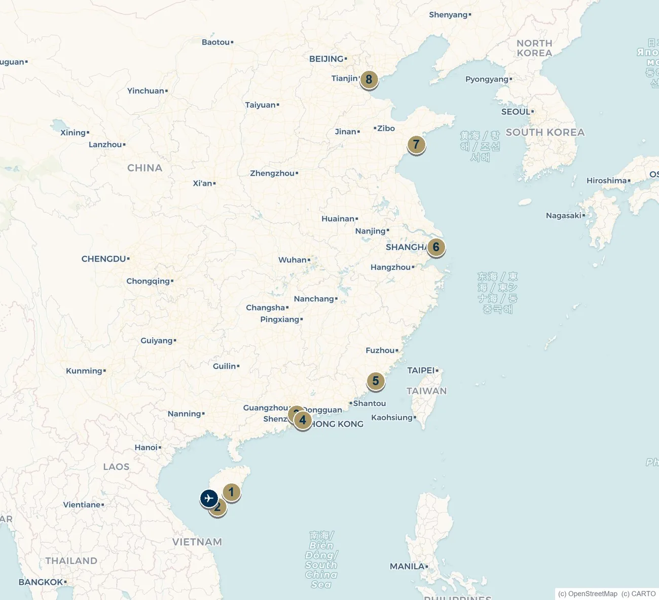 Map of China's coastal superyacht marinas from Tianjin and Qingdao to the Greater Bay Area and Hainan