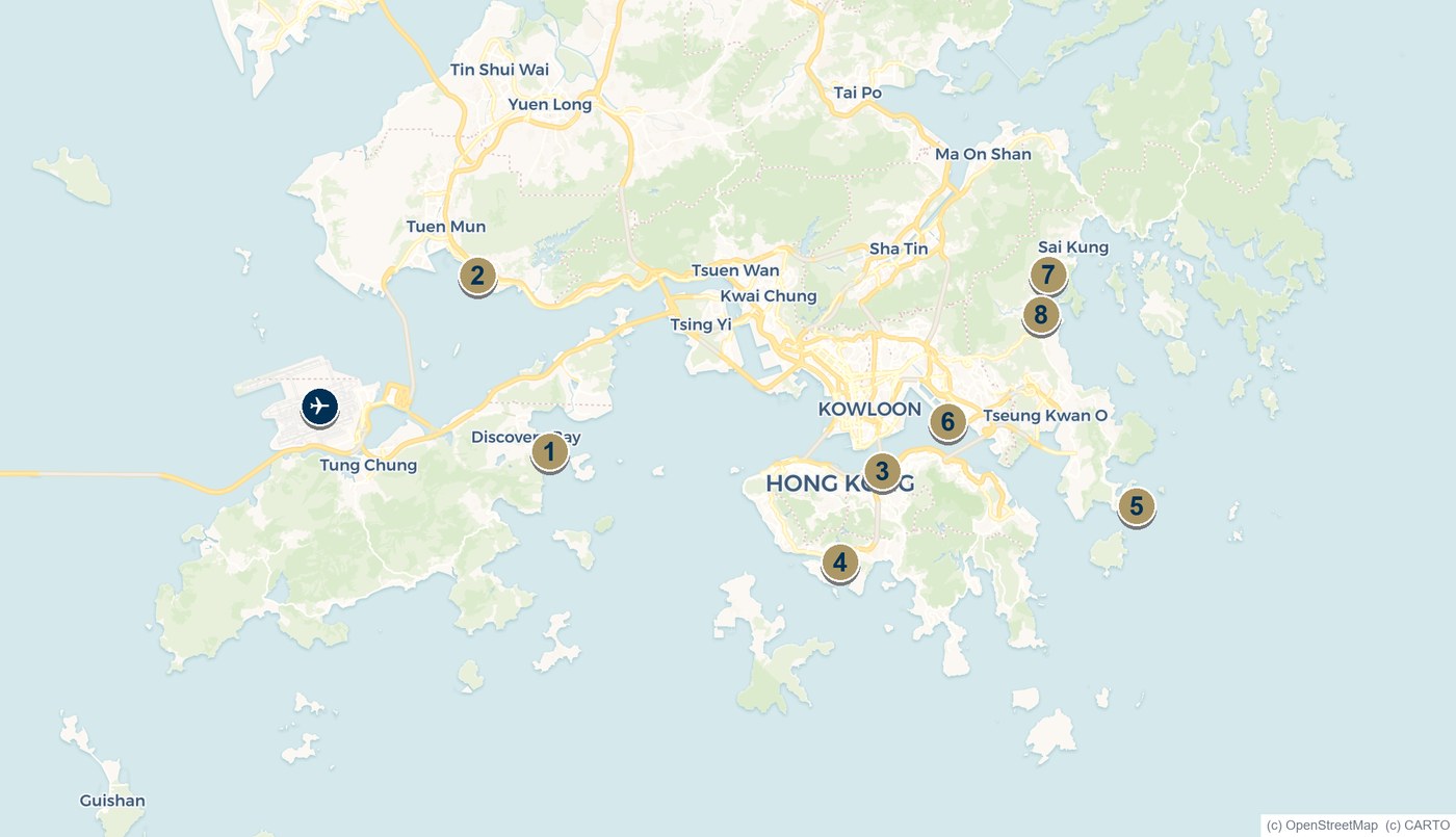 Map of Hong Kong showing eight numbered marinas and yacht clubs plus Hong Kong International Airport