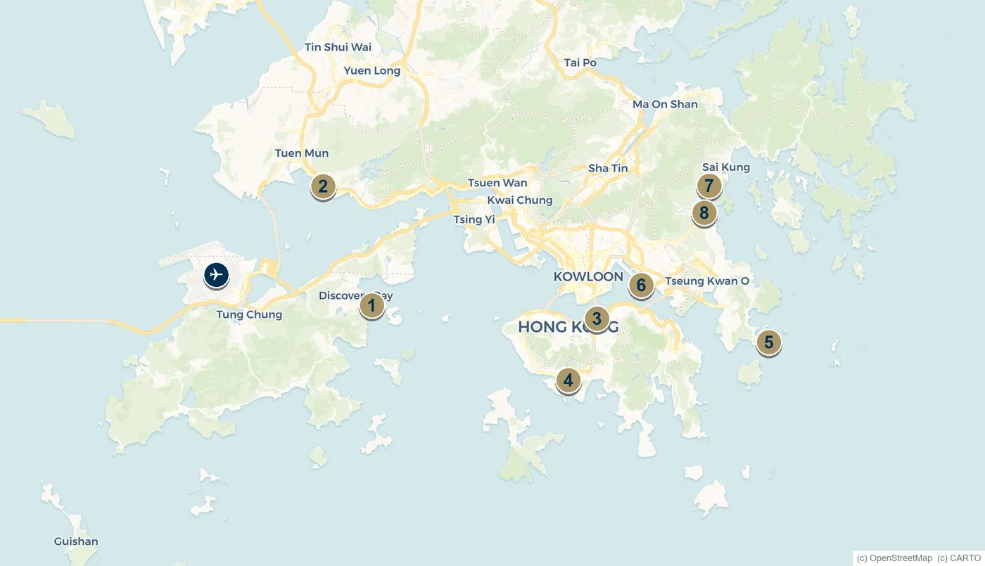 Map of Hong Kong showing eight numbered marinas and yacht clubs plus Hong Kong International Airport