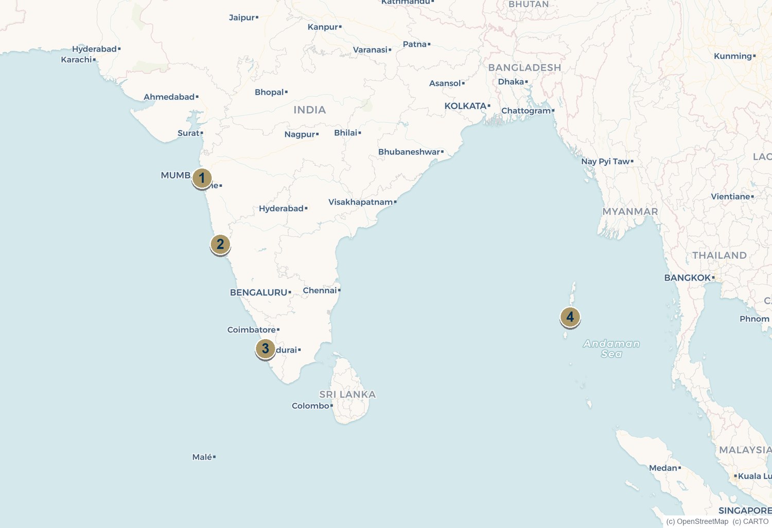 Map of India's yacht facilities at Mumbai, Goa, Kochi and the Andaman Islands