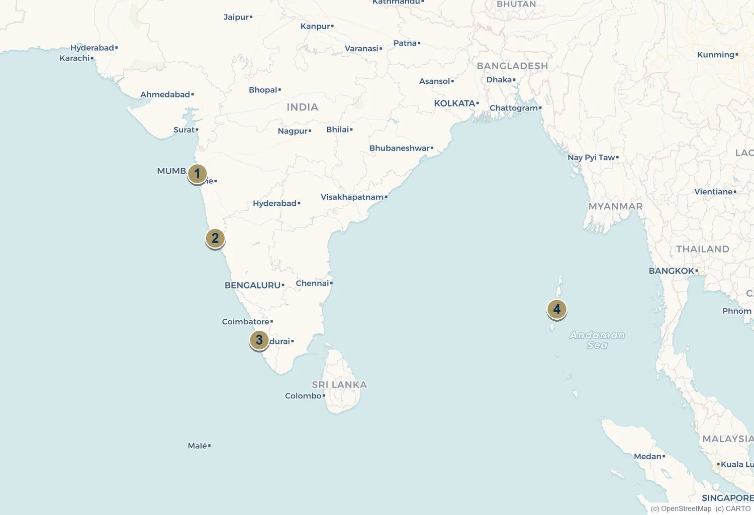 Map of India's yacht facilities at Mumbai, Goa, Kochi and the Andaman Islands