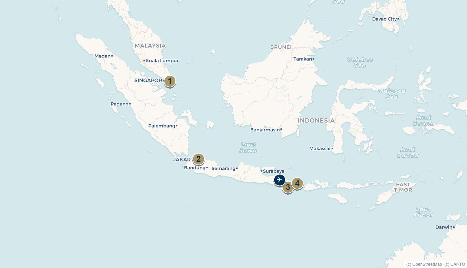 Map of Indonesia's marina hubs from Batam and Jakarta to Bali and Lombok