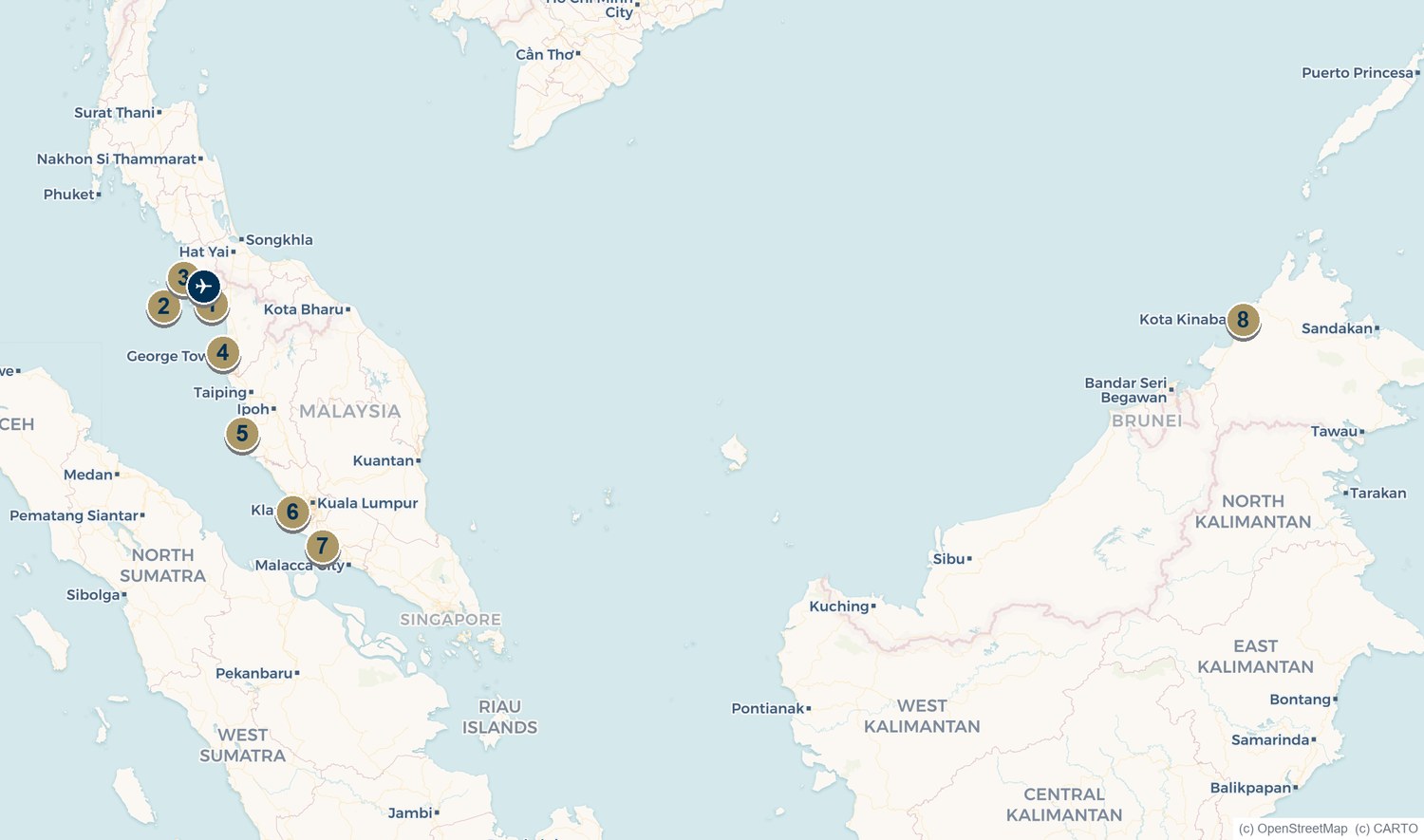 Map of Malaysia's marinas from Langkawi down the west peninsula to Sutera Harbour in Sabah