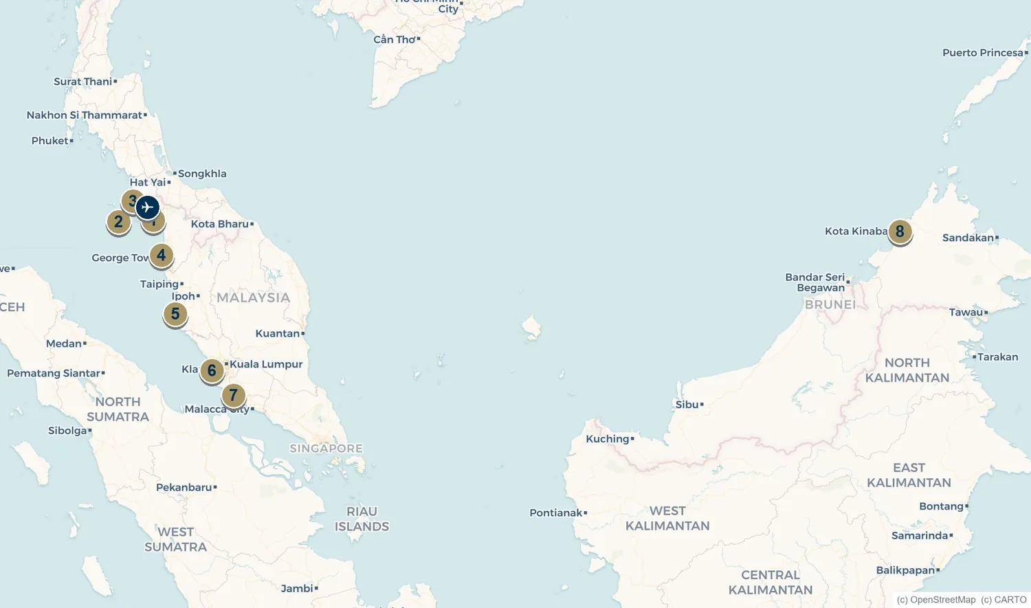 Map of Malaysia's marinas from Langkawi down the west peninsula to Sutera Harbour in Sabah